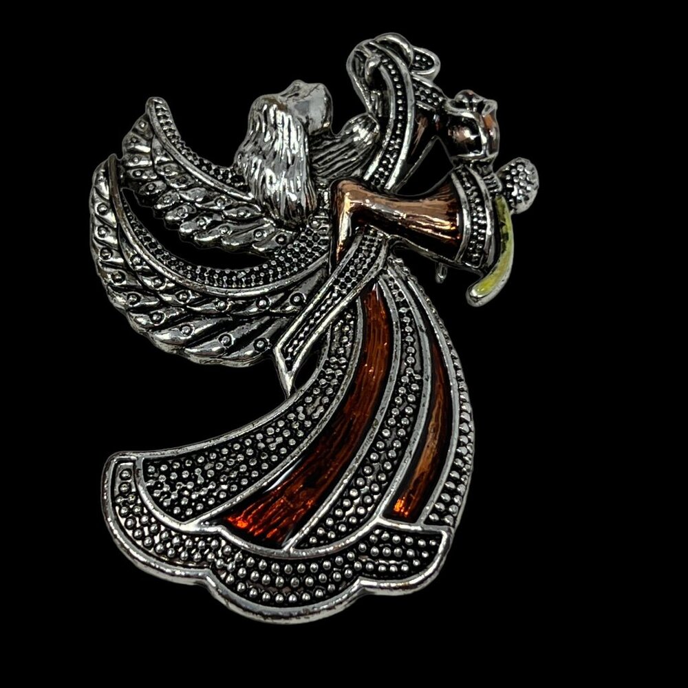 Angel Brooch Silver Tone Flower Bronze Color Accents Vintage Pin